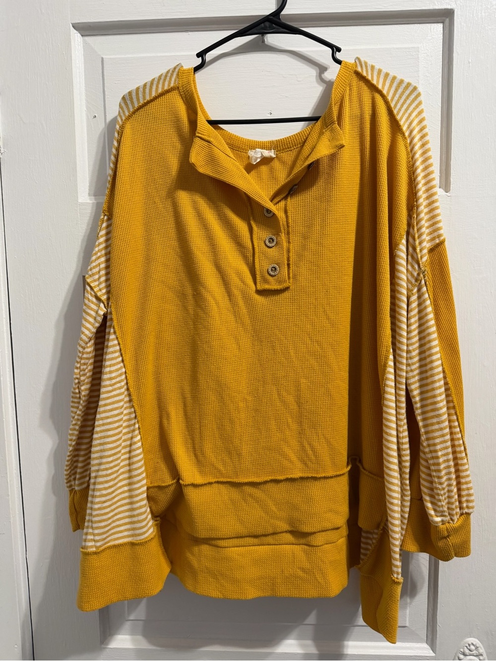 BiBi Mustard Waffle-Knit Henley with Cream Striped Sleeves